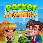 En tegneserieillustration viser en kvinde med langt hår og en mand i jakkesæt med penge, foran en høj bygning med farverige etager, og teksten Pocket Tower øverst
