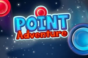 Farverig grafik med teksten Point Adventure omgivet af lysende cirkler i rummet