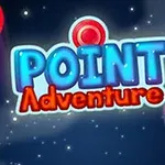 Farverig grafik med teksten Point Adventure omgivet af lysende cirkler i rummet