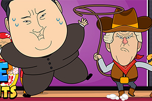 To karikerede figurer, en i sort dragt og en klædt som cowboy, hvoraf cowboyen svinger en lasso