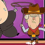 To karikerede figurer, en i sort dragt og en klædt som cowboy, hvoraf cowboyen svinger en lasso