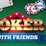 Kortspil med spillekort, pokerchips og teksten Poker with Friends på grøn baggrund