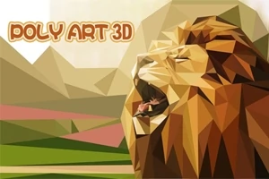 Poly Art 3D af en løve i geometriske former med landskab i baggrunden