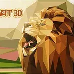 Poly Art 3D af en løve i geometriske former med landskab i baggrunden