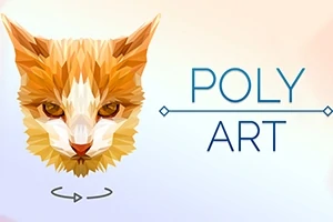 Polygonal kunstværk af et katteansigt ved siden af teksten POLY ART på en lys baggrund