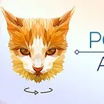 Polygonal kunstværk af et katteansigt ved siden af teksten POLY ART på en lys baggrund