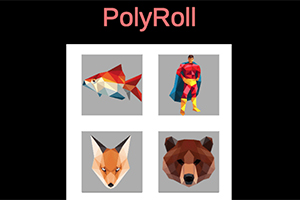 Fire polygonale figurer: en fisk, en superhelt, en ræv og en bjørn mod en sort baggrund med teksten PolyRoll