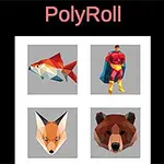 Fire polygonale figurer: en fisk, en superhelt, en ræv og en bjørn mod en sort baggrund med teksten PolyRoll
