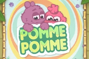 To farverige, tegneseriefigurer kigger over et skilt med teksten POMME POMME foran en farverig baggrund
