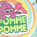 To farverige, tegneseriefigurer kigger over et skilt med teksten POMME POMME foran en farverig baggrund