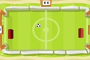 Illustration af en simpel, grøn spillebane med en sort-hvid fodbold i midten og fire røde rektangulære mål på hver side