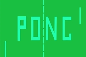 Pong Grønt rektangulært spilbillede med ordet PONG i midten, flankeret af to lodrette streger og en stiplet linje i midten