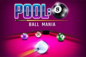Teksten POOL: Ball Mania ses over en lyserød poolbordoverflade med farverige numbered kugler og en kø i aktion