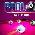 Teksten POOL: Ball Mania ses over en lyserød poolbordoverflade med farverige numbered kugler og en kø i aktion