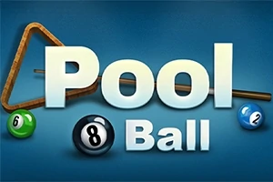 Tekst Pool Ball med en billardtrekant, kø og farverige billiardkugler på en blå baggrund