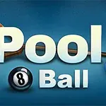 Tekst Pool Ball med en billardtrekant, kø og farverige billiardkugler på en blå baggrund