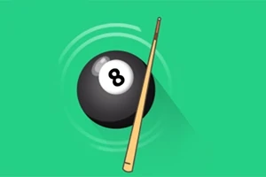 Sort 8-ball og en billiardkø på grøn baggrund