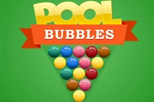 En grøn baggrund med farverige kugler arrangeret i en trekant, over hvilken der står Pool Bubbles på et banner