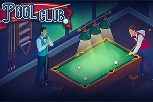 To personer spiller billiard ved et oplyst bord med køer og tre kugler, mens et skilt med teksten Pool Club hænger i baggrunden