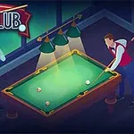 To personer spiller billiard ved et oplyst bord med køer og tre kugler, mens et skilt med teksten Pool Club hænger i baggrunden