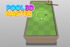 Et grønt poolbord med en kø, en trekantet rack og to kugler, samt teksten Pool 3D Master i farverige bogstaver
