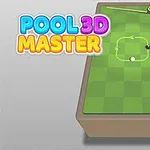Et grønt poolbord med en kø, en trekantet rack og to kugler, samt teksten Pool 3D Master i farverige bogstaver