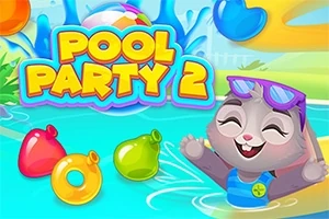 En glad tegnet kanin iført solbriller og badetøj leger i en farverig pool med oppustelige baderingformede genstande