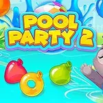 En glad tegnet kanin iført solbriller og badetøj leger i en farverig pool med oppustelige baderingformede genstande