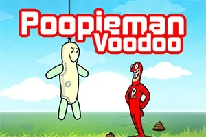 En rødklædt figur står på en græsmark ved siden af en hængende voodoo-dukke under en blå himmel med få skyer