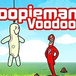 En rødklædt figur står på en græsmark ved siden af en hængende voodoo-dukke under en blå himmel med få skyer