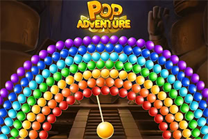 Farverige kugler i regnbuebuer over en gylden kugle på en træbro med teksten Pop Adventure øverst