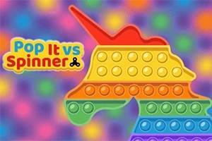 En regnbuefarvet enhjørning formet som et pop-it-legetøj med teksten Pop It vs Spinner mod en farverig, sløret baggrund