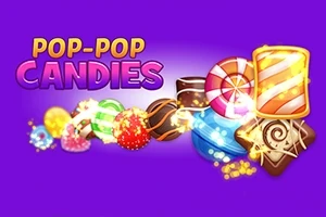 Farverige slikstykker og chokolade på en lilla baggrund med teksten Pop-Pop Candies