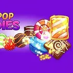 Farverige slikstykker og chokolade på en lilla baggrund med teksten Pop-Pop Candies