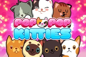 Flere tegneserie-katte i forskellige farver med teksten Pop Pop Kitties på en lyserød baggrund