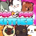 Flere tegneserie-katte i forskellige farver med teksten Pop Pop Kitties på en lyserød baggrund