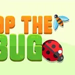 Titel med teksten Pop the Bug i farverige bogstaver, omgivet af en sommerfugl, en bille og en bi
