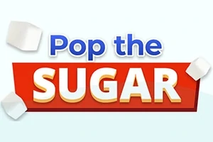Tekst Pop the Sugar på en rød baggrund med flyvende sukkerterninger omkring