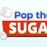 Tekst Pop the Sugar på en rød baggrund med flyvende sukkerterninger omkring