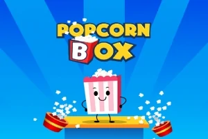 En glad, animeret popcornæske står på en balanceplade omgivet af popcorn og teksten Popcorn Box på en blå baggrund