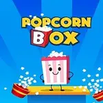 En glad, animeret popcornæske står på en balanceplade omgivet af popcorn og teksten Popcorn Box på en blå baggrund