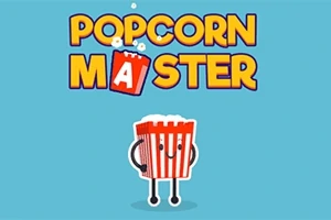 Tekst Popcorn Master med en glad popcornbøtte med arme og ben på en blå baggrund