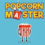 Tekst Popcorn Master med en glad popcornbøtte med arme og ben på en blå baggrund