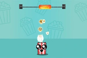 En tegneserieagtig popcornbeholder med glade udtryk, hvor popcorn springer ud mod en varm rød varmelegeme ovenfor på en turkis baggrund med popkornikoner