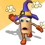 Tegnet figur med en troldmandshat og orange handsker løber på en skrå hvid og orange overflade med popcorn svævende omkring sig