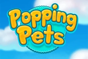 Teksten Popping Pets ses i lyse, gule bogstaver med en blå himmel og hvide skyer i baggrunden