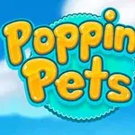 Teksten Popping Pets ses i lyse, gule bogstaver med en blå himmel og hvide skyer i baggrunden