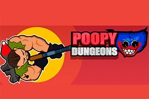 En animeret figur med kraftige arme holder et stort våben mod en rød baggrund med teksten Poopy Dungeons ved siden af et blåt, ansigtslignende ikon med et bredt smil