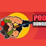 En animeret figur med kraftige arme holder et stort våben mod en rød baggrund med teksten Poopy Dungeons ved siden af et blåt, ansigtslignende ikon med et bredt smil