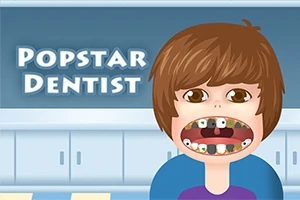 En tegneseriefigur med åbent mund viser forskellige tandproblemer, med teksten Popstar Dentist i baggrunden